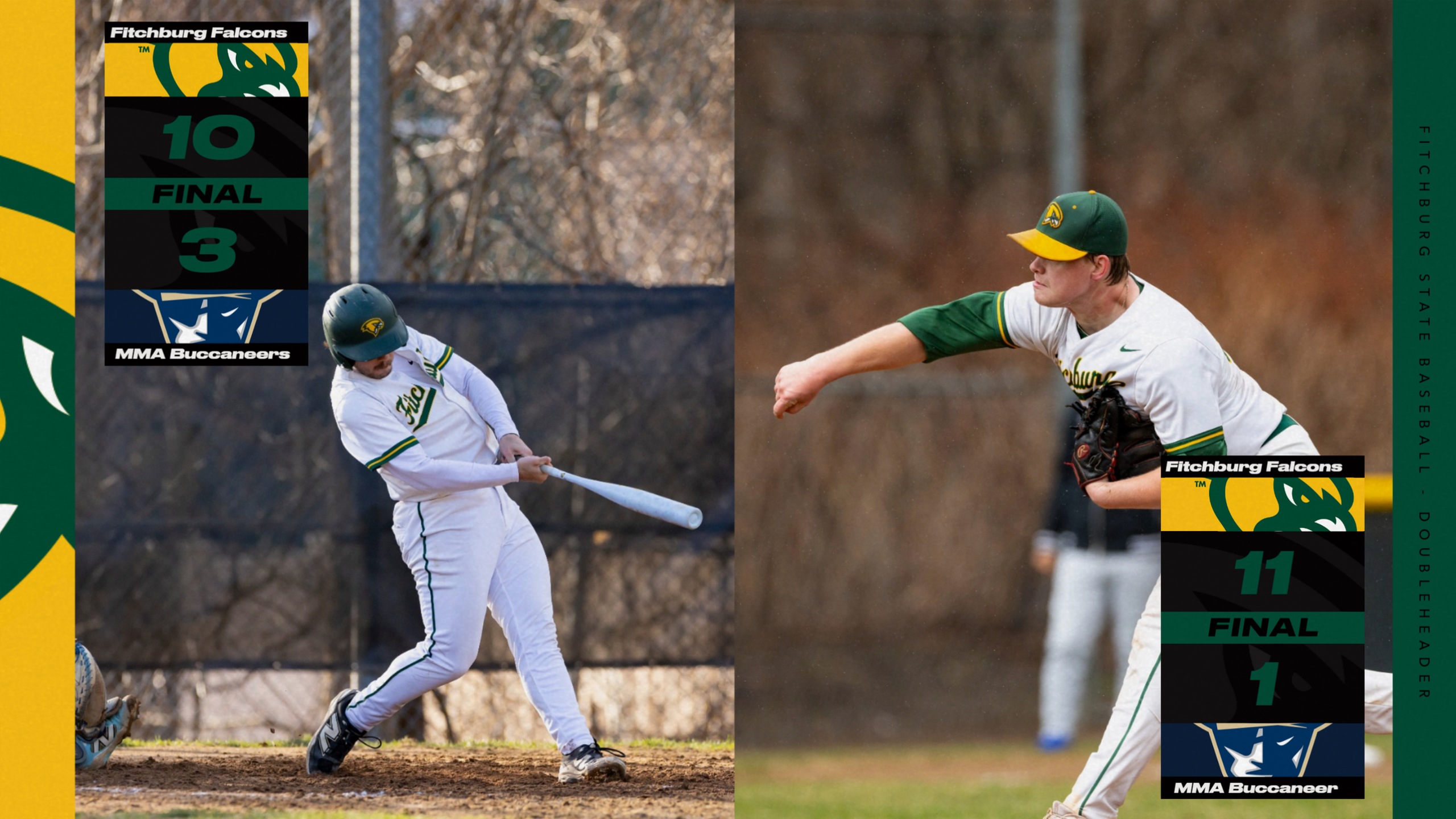 Fitchburg State baseball Liam Currier with a hit and William Ernst throwing a pitch